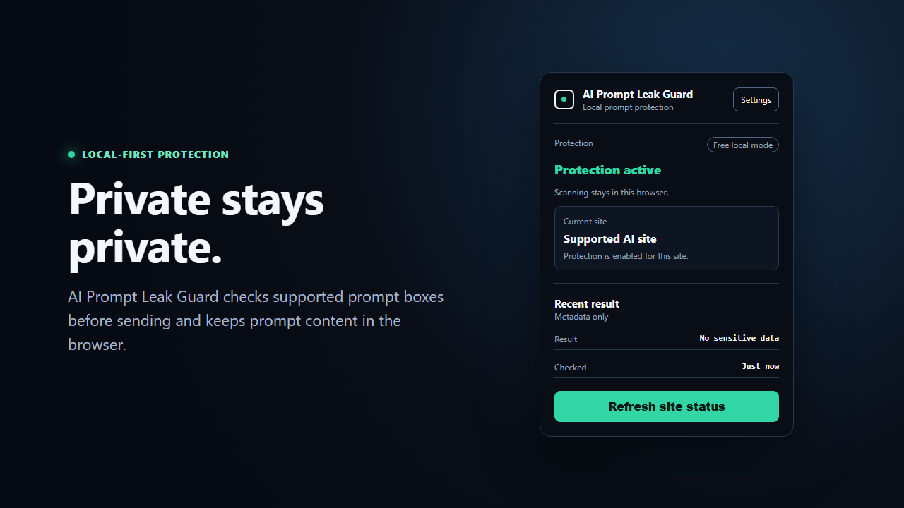 AI Prompt Leak Guard popup showing local-first protection status